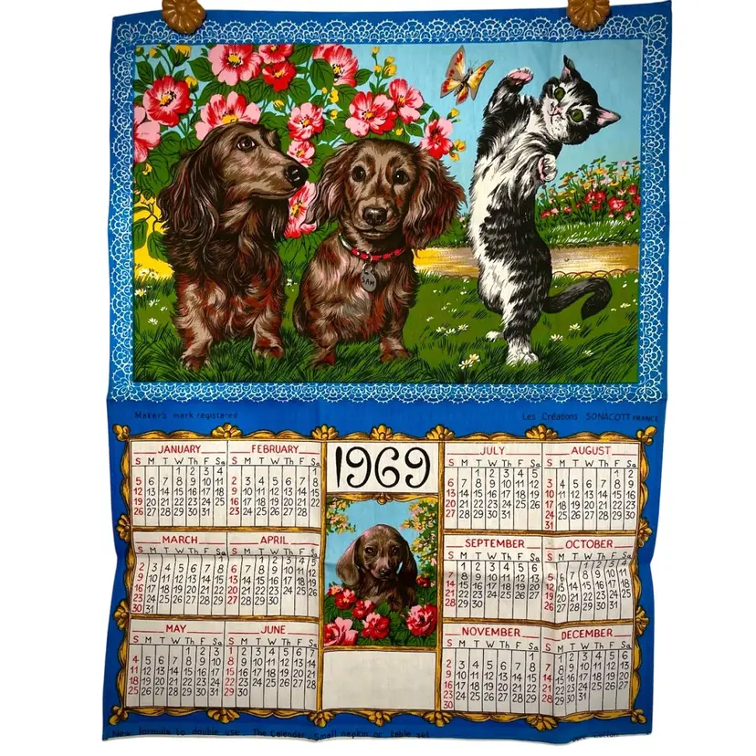 Vintage Sonacott France 60s Tea Towel Calendar 1969 Wiener Dog Dachshunds & Kitten 19x25"