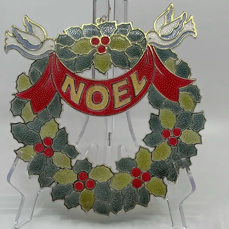 Pair Of Vintage Kitschy Plastic Christmas Window Sun Catchers. Christmas Holly And Berries Wreath With Noel Banner And Doves AND Christmas Tree With Ornaments Star And Presents