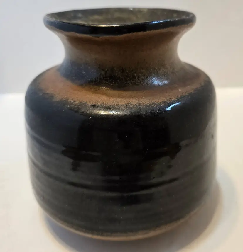 Vintage Studio Pottery Vase - Dark Brown Black Glaze, Horizontal Bands, Small Bulbous Form