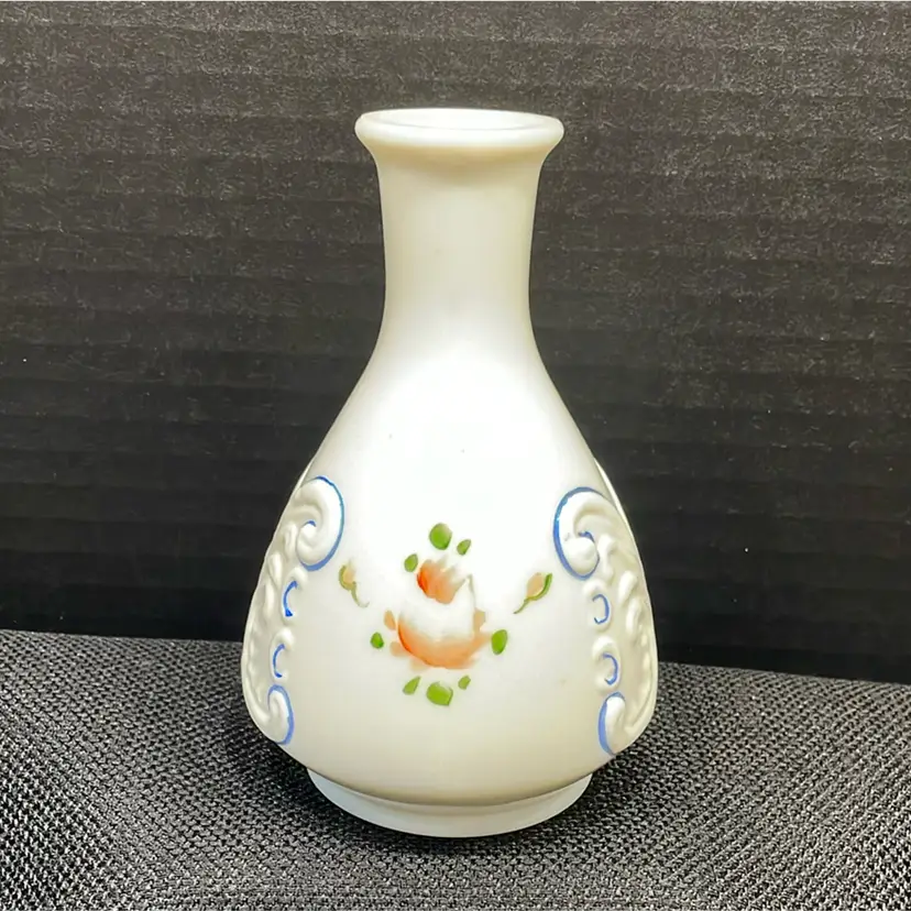Vintage Hand painted Milk Glass Scroll Relief Small Vase