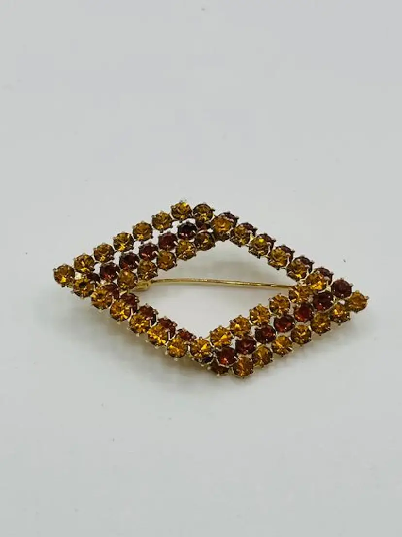 Vintage Orange Root Beer Rhinestone Stacked Open Diamond Shape Gold Tone Brooch Pin