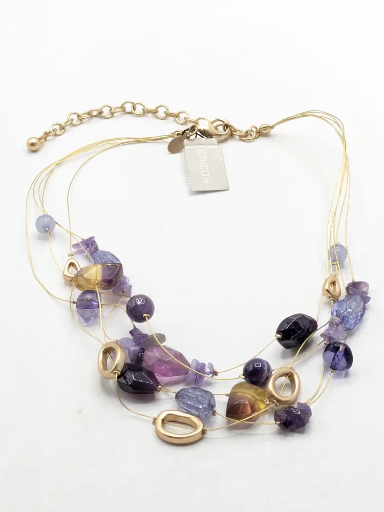Chico's 'Shiloh Illusion' Gold Tone Multi Strand Purple Bead Necklace NWT