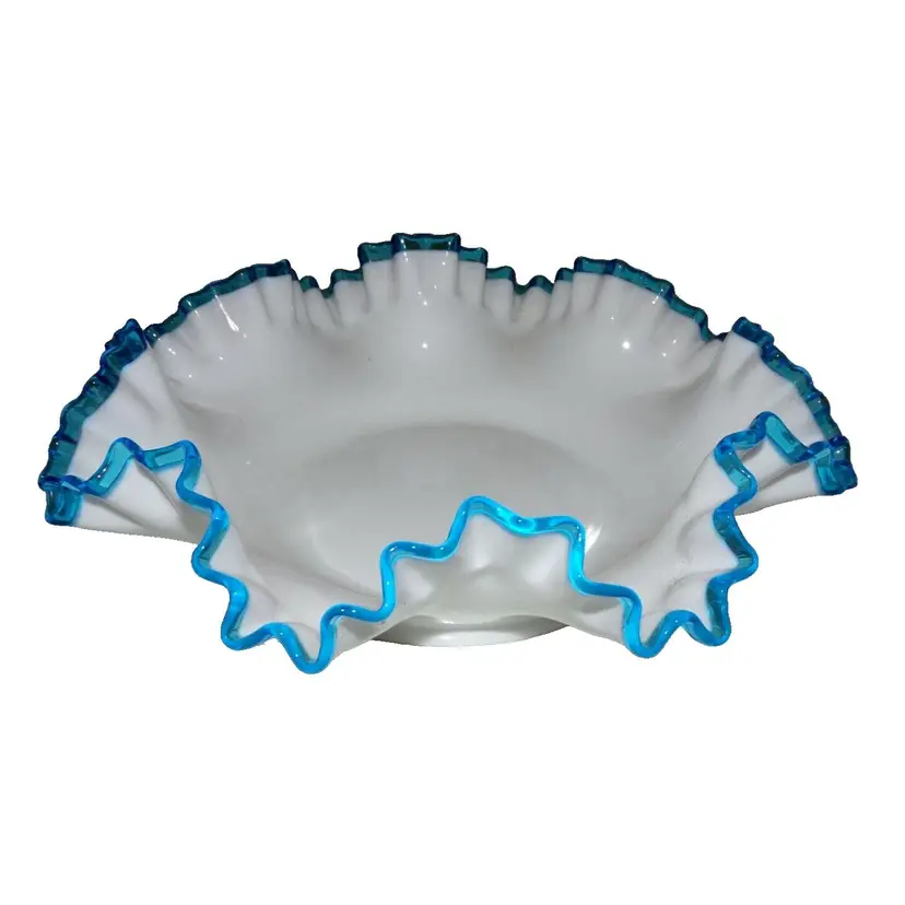 Vintage Fenton Glass, BLUE Crest Lg Ruffled Bowl, Milk Glass, 1963, Rare!!