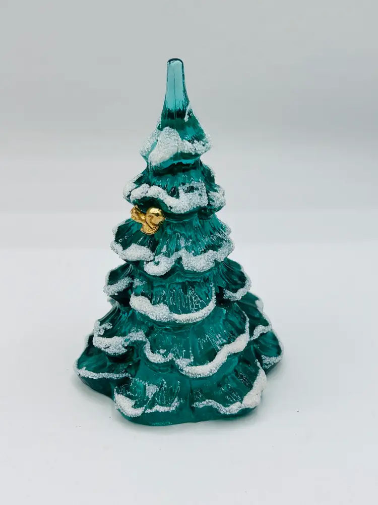 FENTON Art Glass Green Iridescent Flocked Tree w Gold Tone Dove 5”