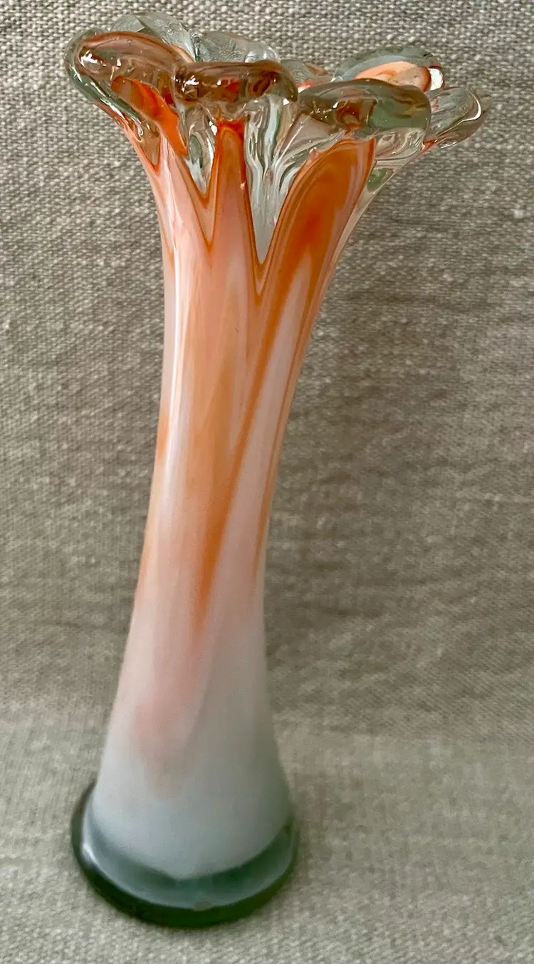 Vtg Cased Art Glass Vase Hand Blown 9 Scalloped Edge Orange White Clear 8” Tall