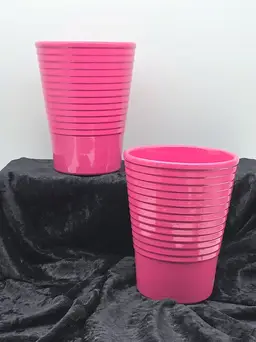 Hot Pink Ribbed Vases or Flower Pots Germany 6.25" (pair)