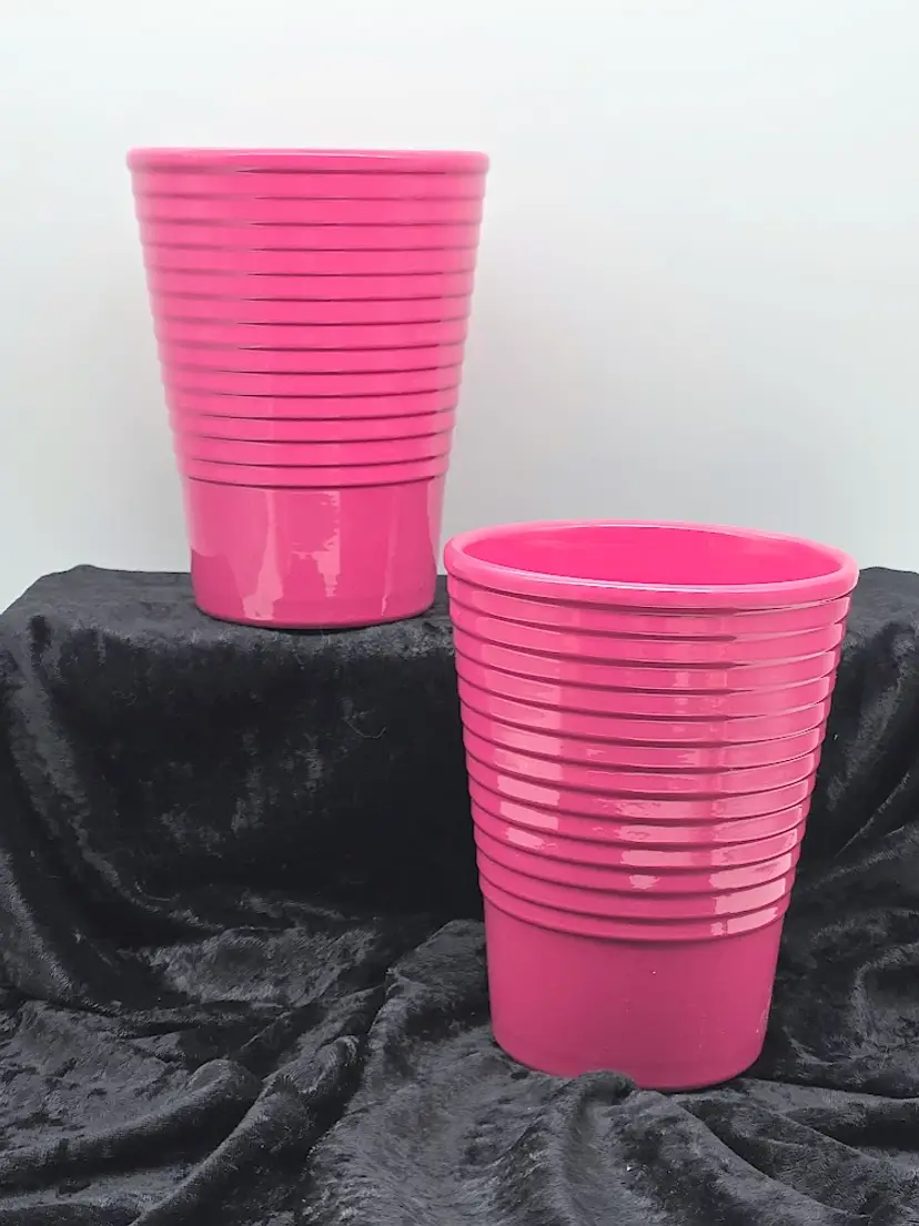 Hot Pink Ribbed Vases or Flower Pots Germany 6.25" (pair)