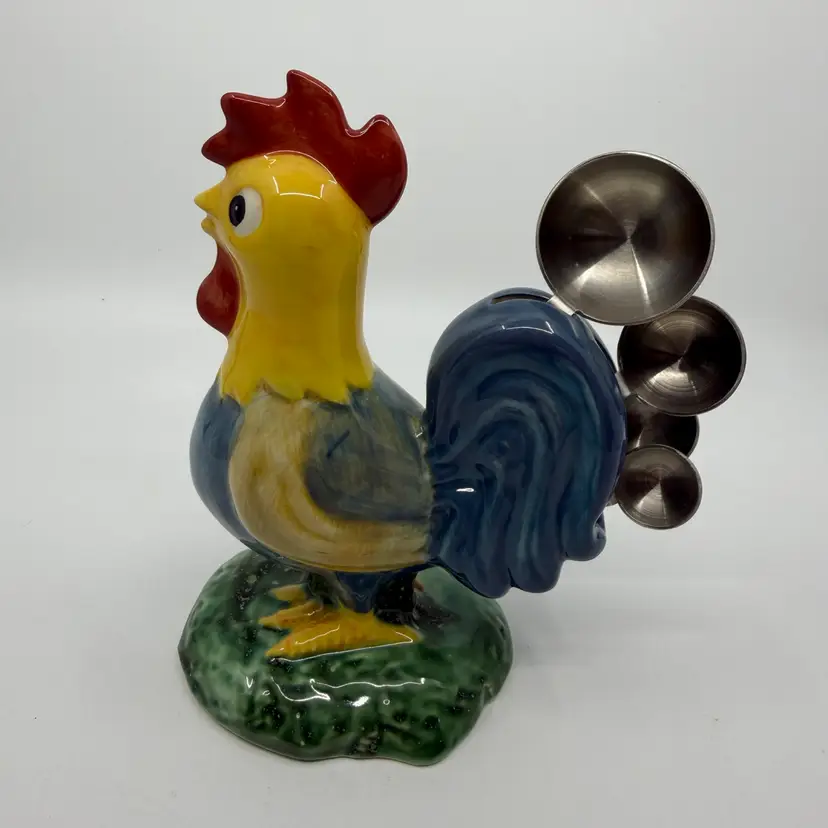 Ceramic Rooster Chicken Measuring Spoon Holder W Stainless Spoons