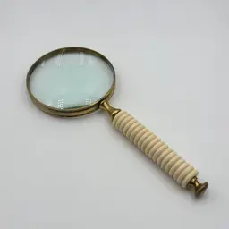 Vintage Solid Brass Magnifying Glass with Ribbed Cream-Colored Handle