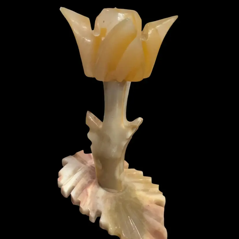 Vintage Hand Carved Marble/Onyx Tulip Flower and Leaf Candle Holder 6” Tall