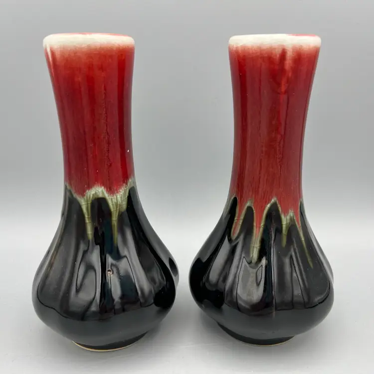 2 HOSLEY TM POTTERIES Drip Glazed Bud Vases Red Brown Vintage Art Pottery 6.5”
