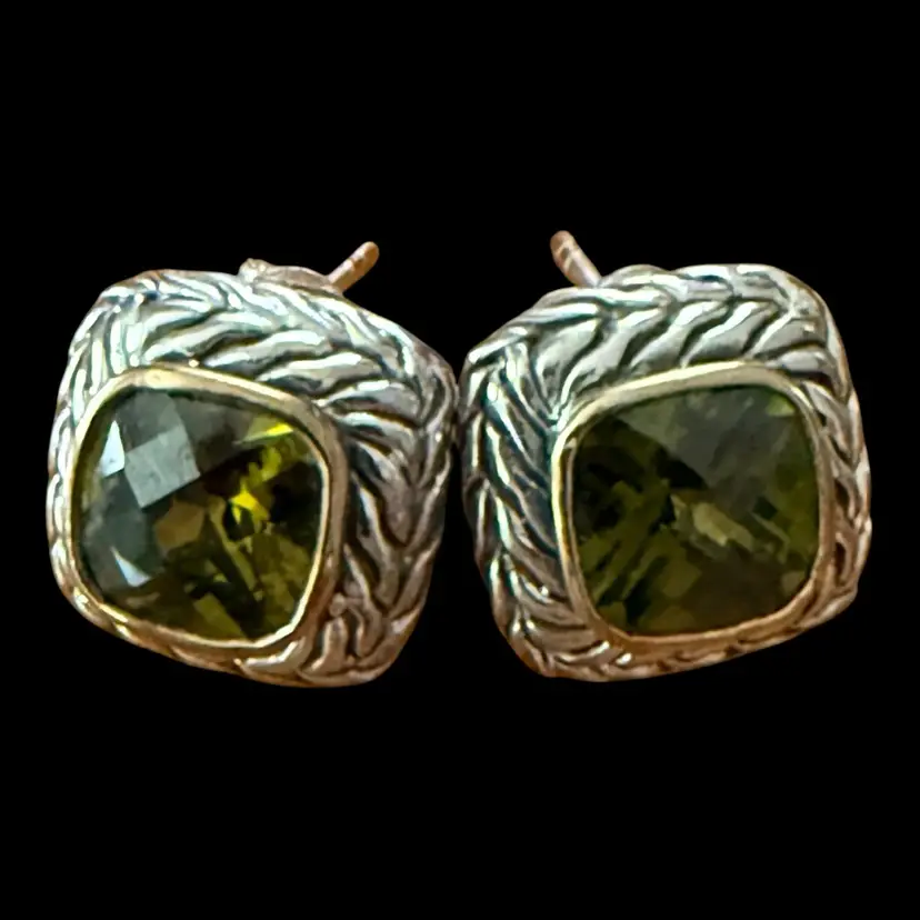 Sterling Silver .925 Green Rhinestone Pierced Earrings .33”