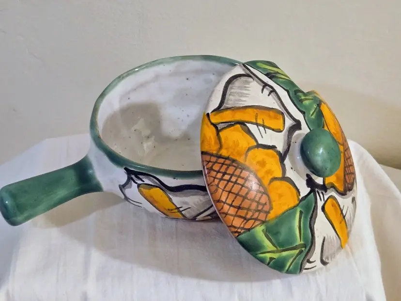 Authentic Handcrafted Mexican Talavera Pottery Salsa Guac Dish Bowl w Lid Handle
