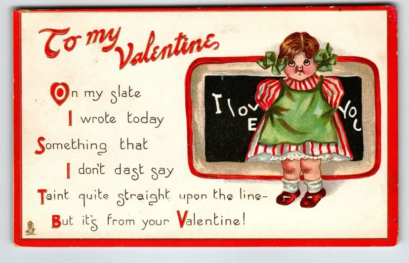 Valentines Day Postcard Girl Slate Board Series 16 Tuck I Love You Embossed