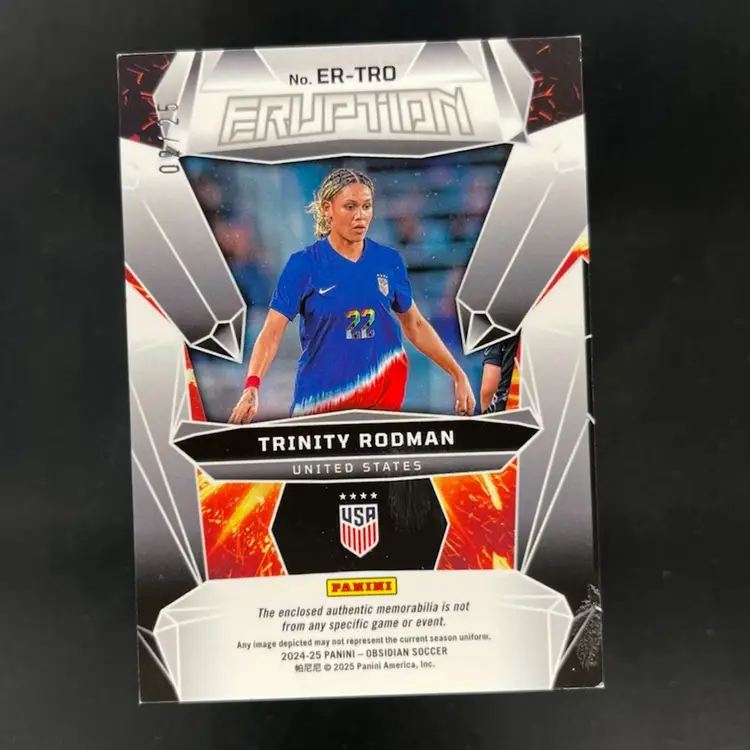 Trinity Rodman 2024/25 Panini Obsidian Eruption /25 Patch 2-Color USWNT Soccer Card