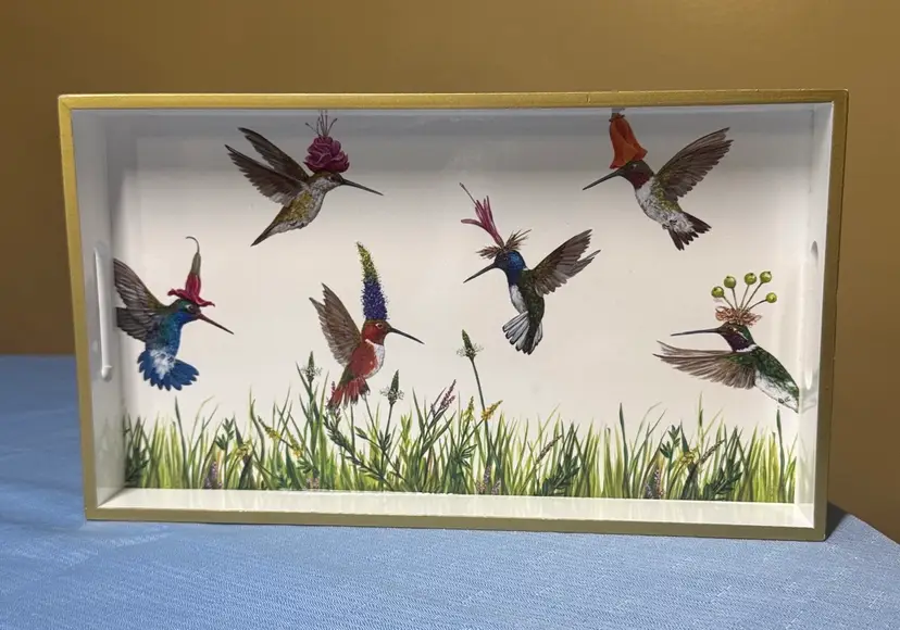 PPD Wood Lacquer Vanity Tray Vicki Sawyer 12 x 7" MEADOW BUZZ Hummingbirds