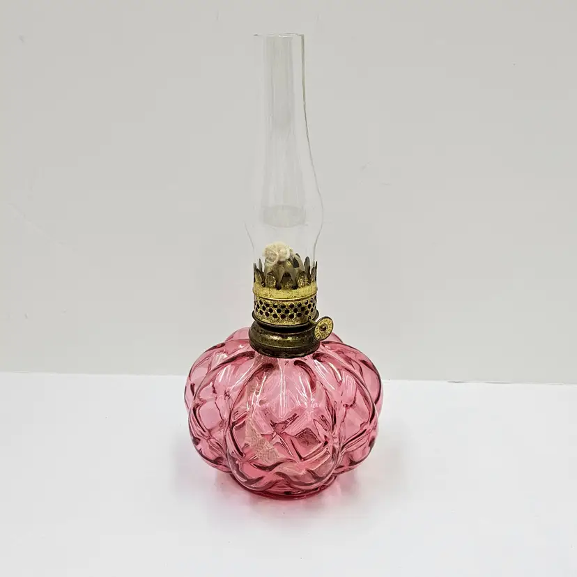 Vintage Fenton Cranberry Optic Quilted Melon Glass Miniature Oil Lamp