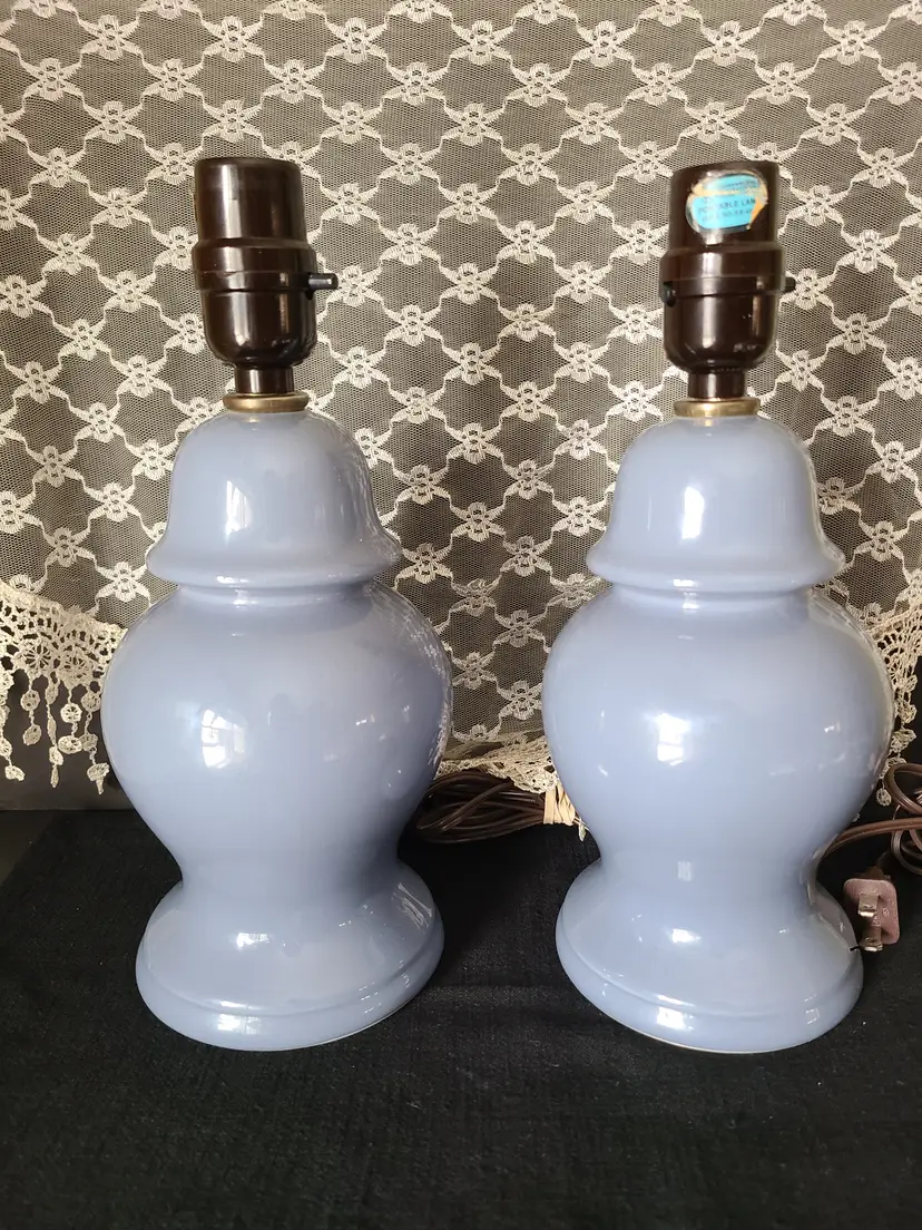 Pair of 10.5" Vintage 80s Decor Ginger Jar Accent Table Lamps Dusty Blue