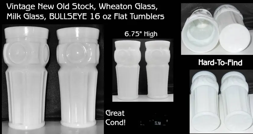 Vintage Wheaton Milk Glass Bullseye 16 oz Flat Tumblers, Scarce! 2 Available