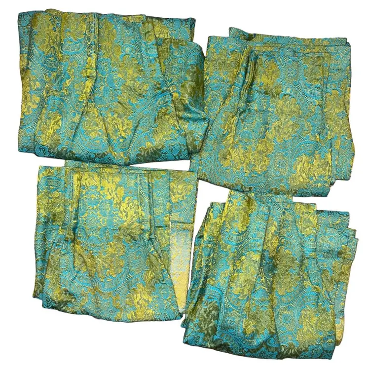 Vintage 60s/70s Green Riverdale Fabrics Yellow Brocade Pleated Curtains Set of 4