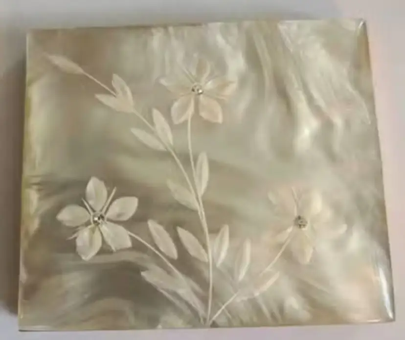 Vintage Floral Etched Mother of Pearl and Brass Compact with Mirror