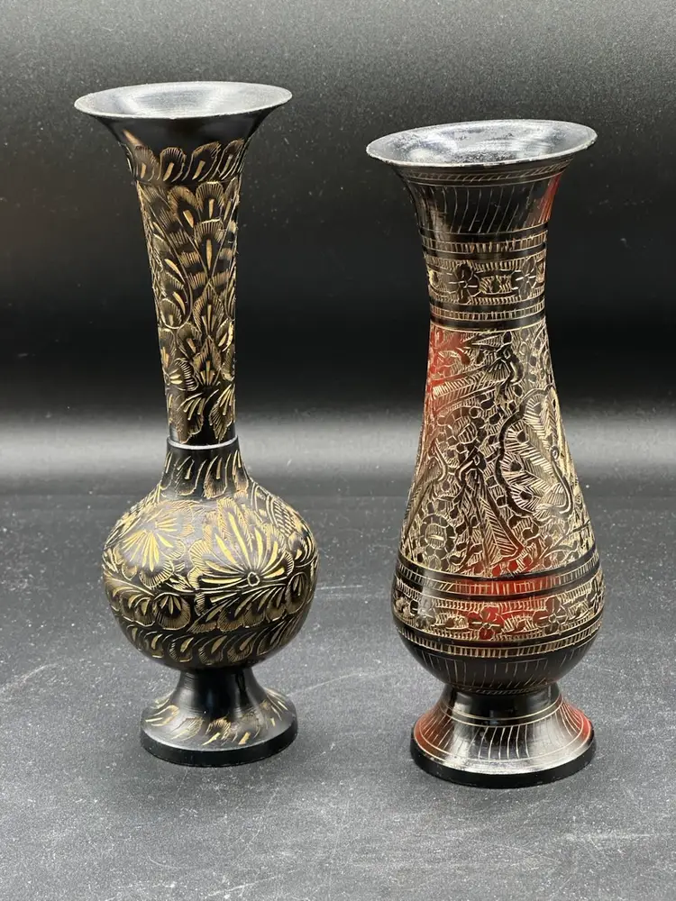 2 Ornate Brass Vases Decorative Hand Hammered, Black/ Red Detail