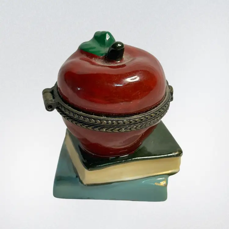 Vtg Ceramic apple & books ring or trinket box