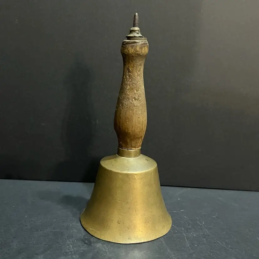 Vintage Brass Bell with Wooden Handle, 7” x 3.25”