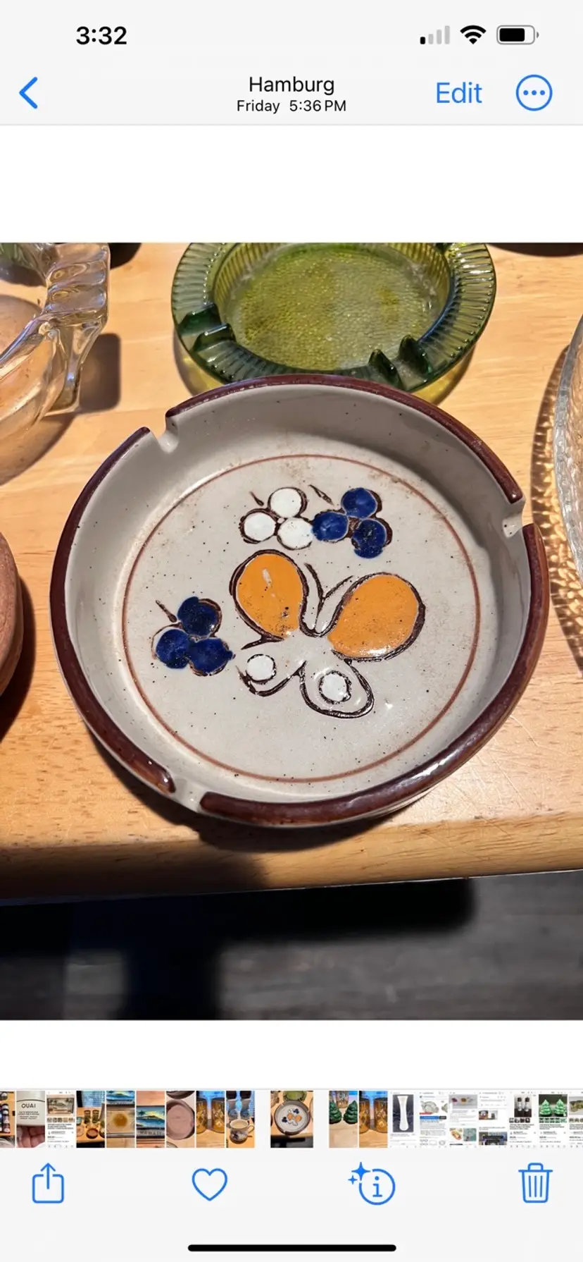 #2028B Vintage Handcrafted Otagiri Stoneware Ashtray with Butterfly and Flowers