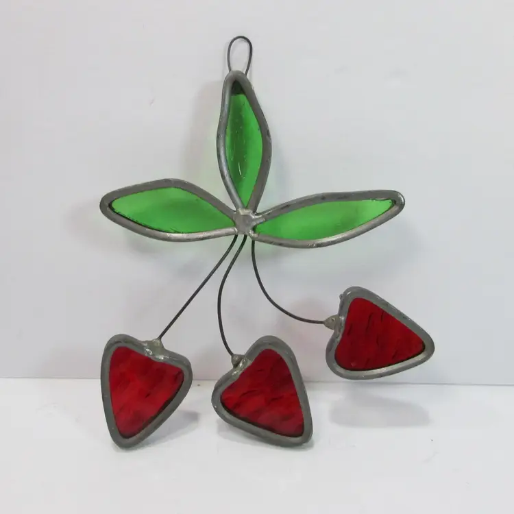 vintage red berries with leaves stained glass sun catcher strawberries window decor suncatcher