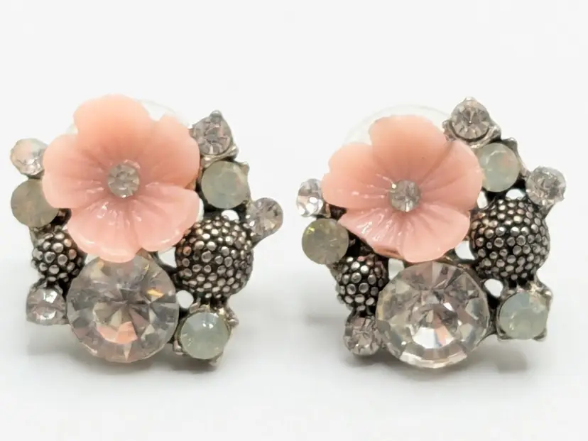 Pink Flower Rhinestone Pierced Earrings Silver Tone Jewelry READ