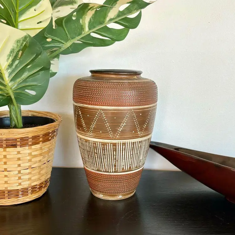 Vintage MCM Tone on Tone Etched German Pottery Vase 9.75"