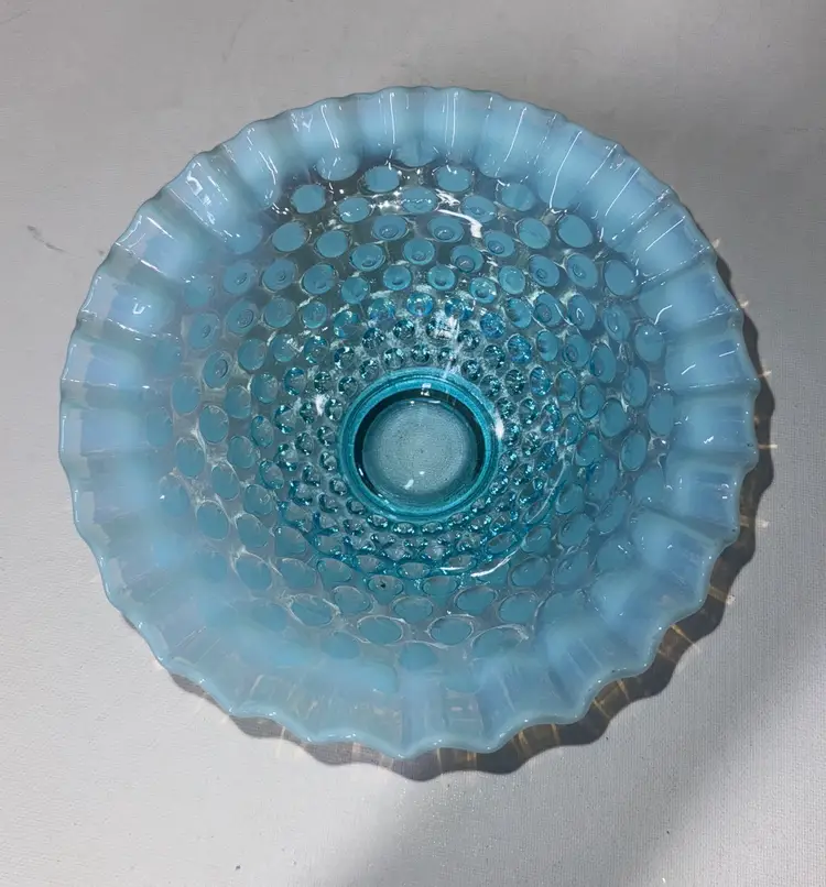 Fenton Blue Opalescent Hobnail Glass Bowl Ruffled Edges 7.25” X 3”