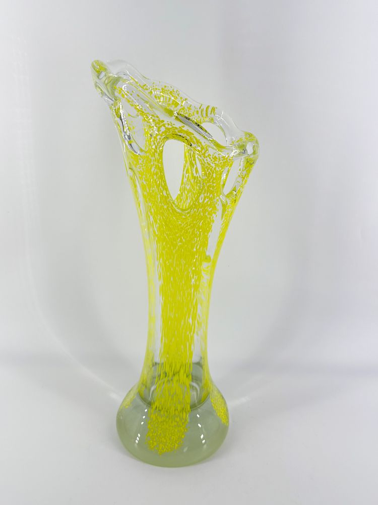 Kalina Polish Blown Art Glass 15" Vase Applied Yellow Stretched Bullicante