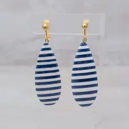 Vintage Clip On Earrings 2 & 5/8" Navy Blue & White Stripe Dangle Statement