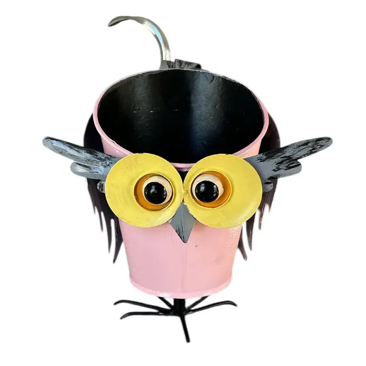 Large Eyed Metal Pink Owl Planter Stand