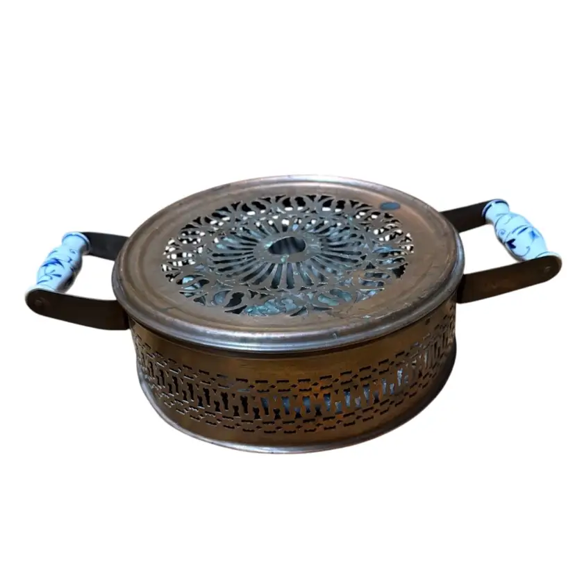 Antique French/Dutch Style Victorian Reticulated Round Brass Plate Food Or Foot Warmer Burner