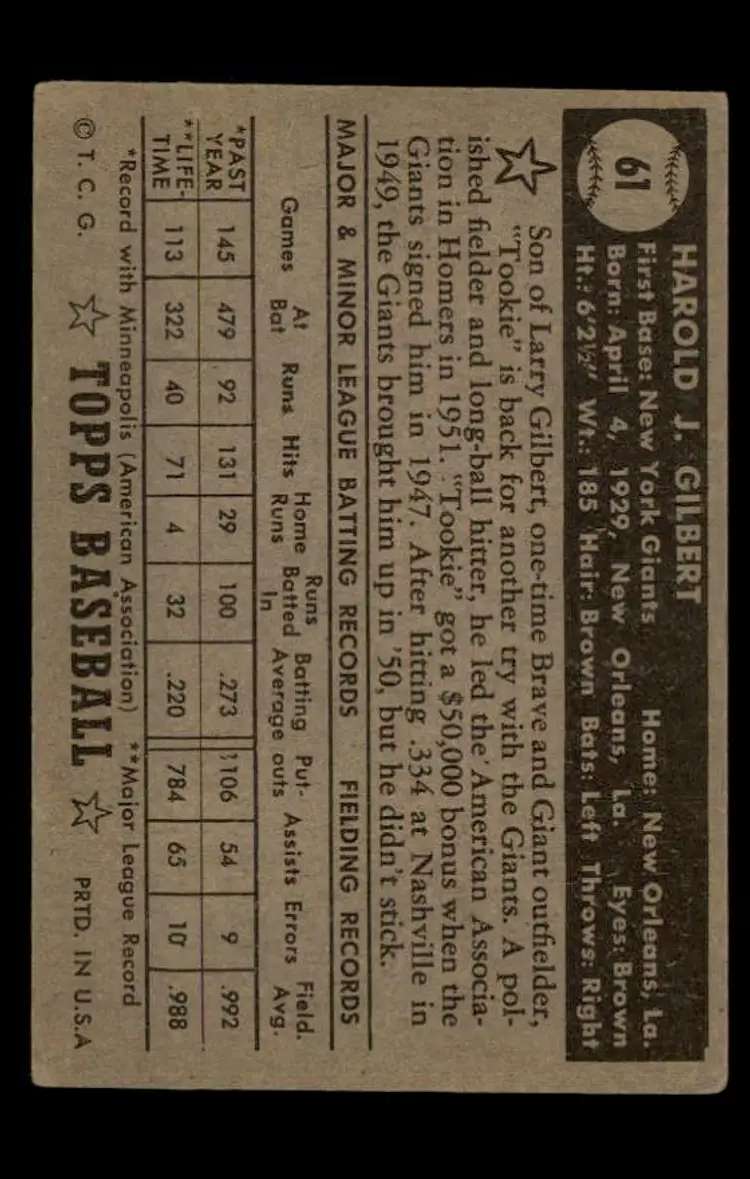 1952 Topps #61 Tookie Gilbert - (pk-tl1) - New York Giants