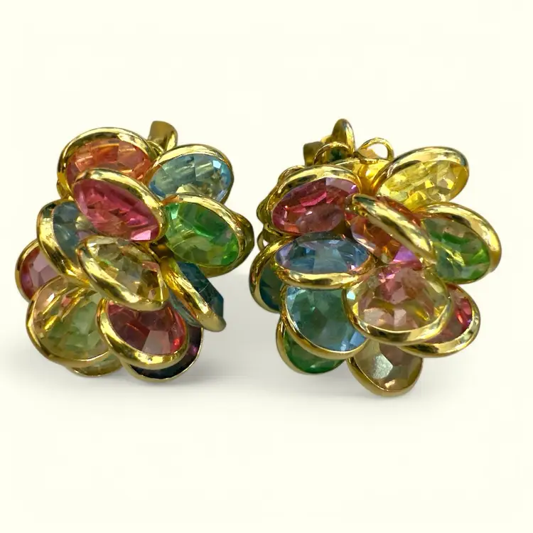 Multicolored Pastel Crystal Cluster Earring Clips-UV Reactive