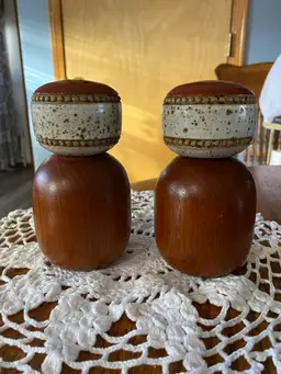 Vtg 5.25" Denby Potters Wheel Teak & Pottery Salt & Pepper Shakers Danish Modern
