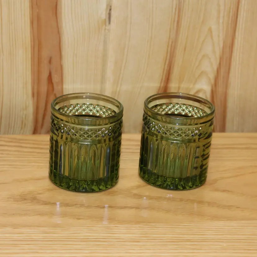 Set of 2 Vintage Green Glass Tea light / Votive Holders