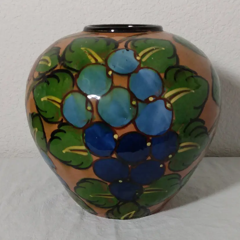 German Pottery Vase Large! 9 x 9" Grapes Berries Blue Purple
