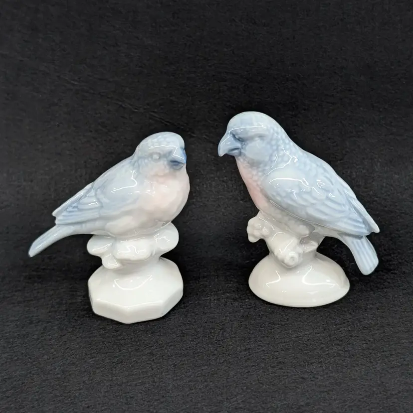 Vintage Gerold Porcelain Bird Figurine Pair Bavaria West Germany Blue White Pink