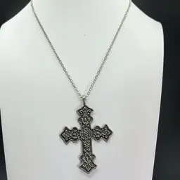 3” Floral Cross Pendant Necklace, Silver Tone, 18” Chain