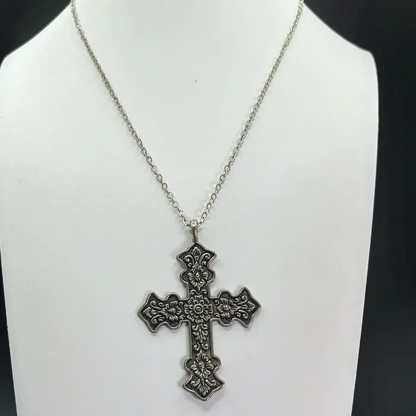 3” Floral Cross Pendant Necklace, Silver Tone, 18” Chain