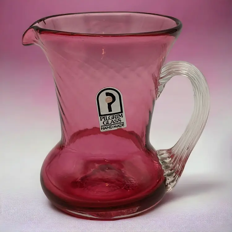 Vtg Pilgrim Cranberry Optic Atlanta Glass Miniature Pitcher Reeded Handle AS IS