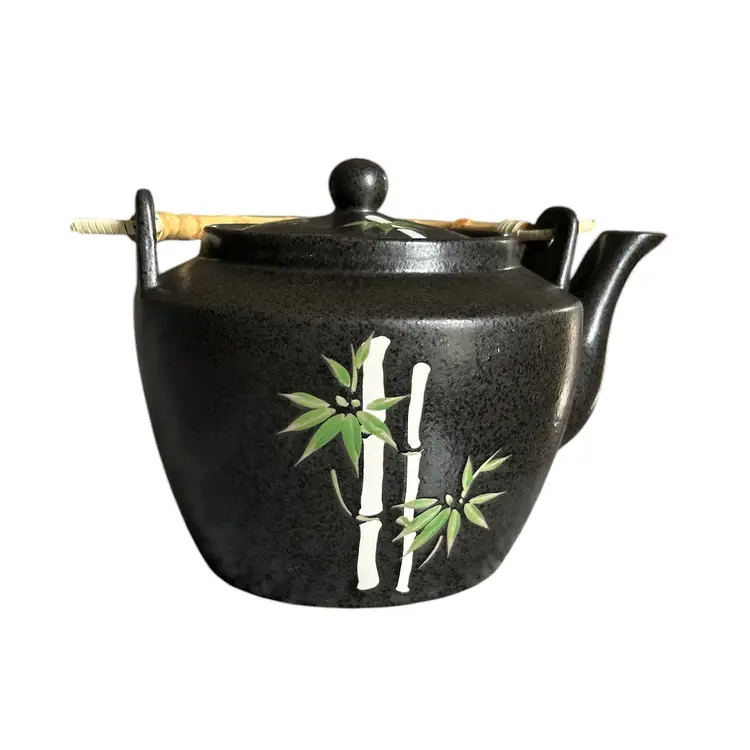 Ceramic Dobin Black Teapot Kettle with Rattan Handle and Strainer 60 Oz