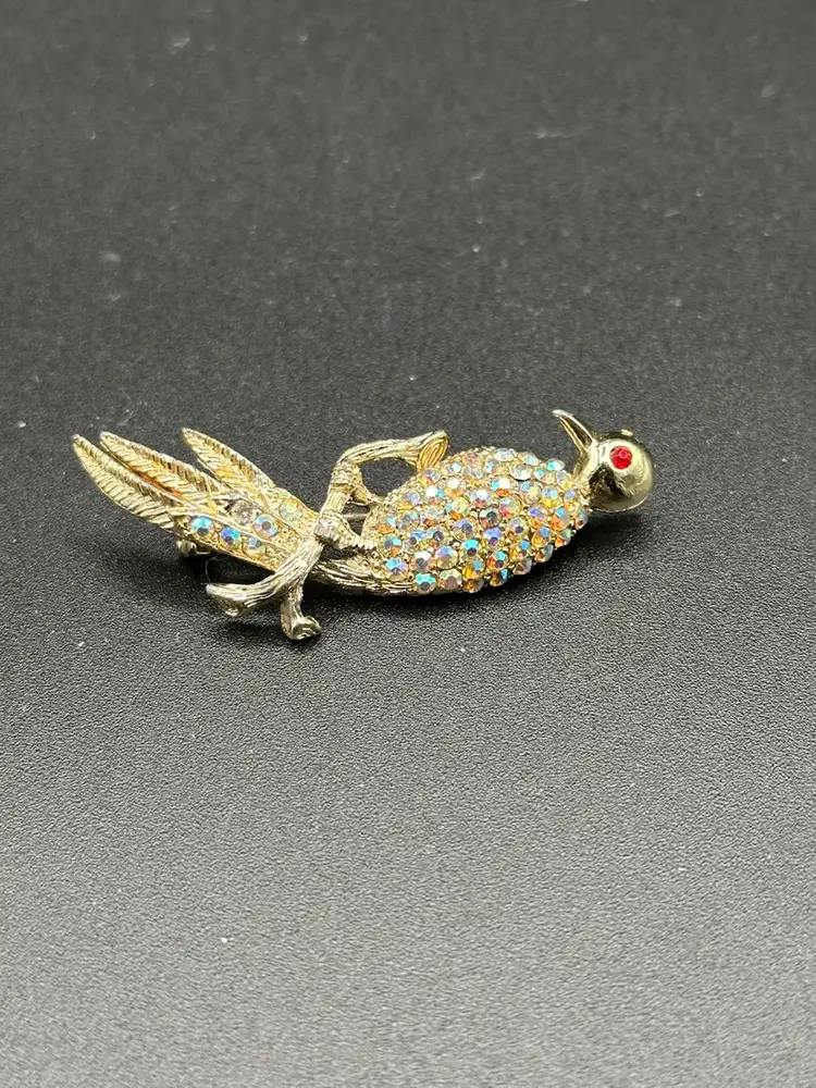 Aurora Borealis Rhinestone Bird Brooch Pin Vintage Gold Tone