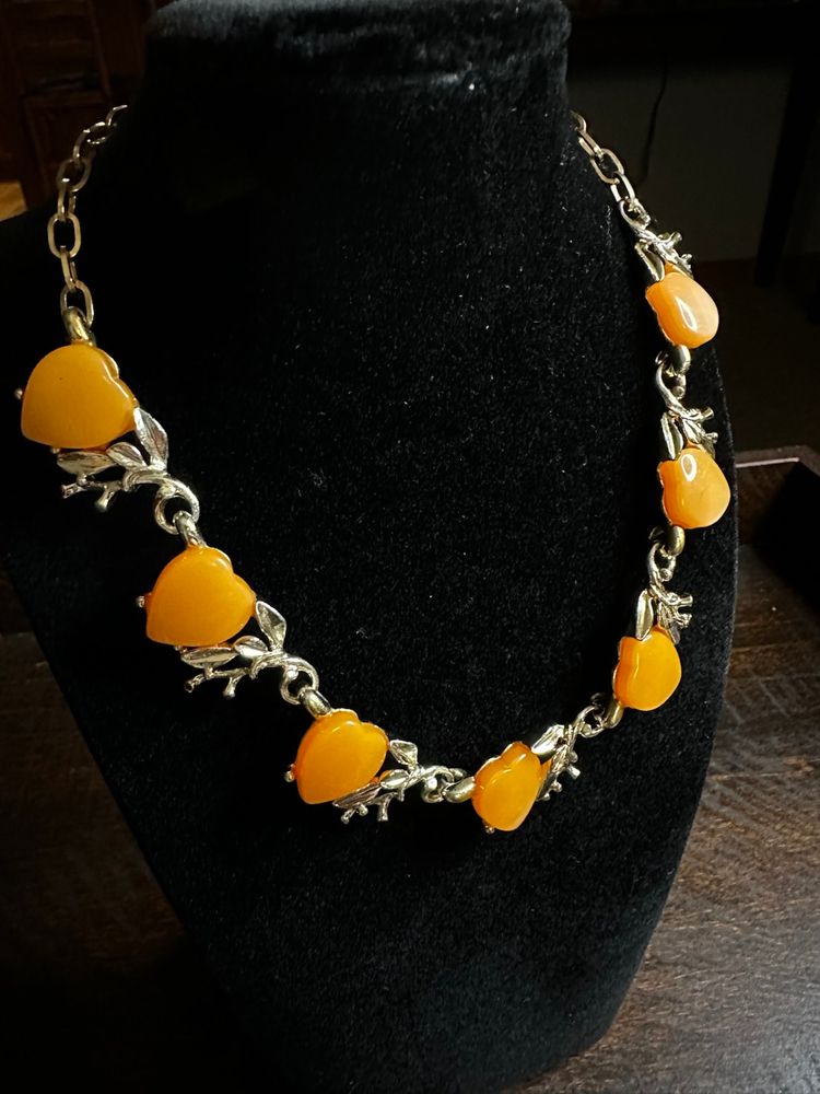 Vintage-1950's Orange Thermoplastic Heart Motif Gold Tone Necklace