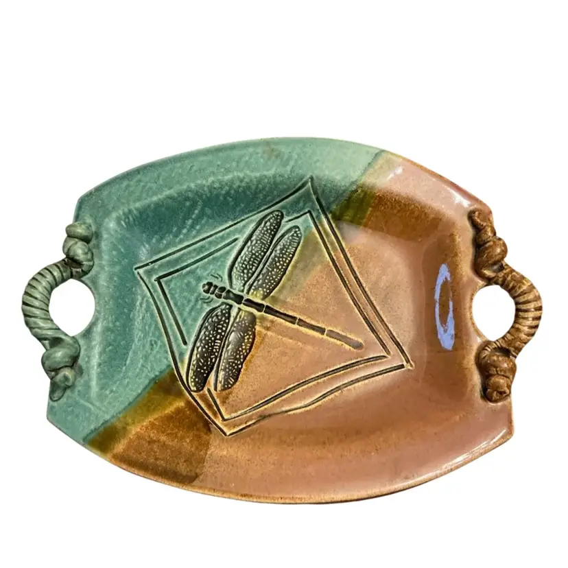 Handmade Pottery Platter With Dragonfly Motif 11 1/2” X 8 1/2”
